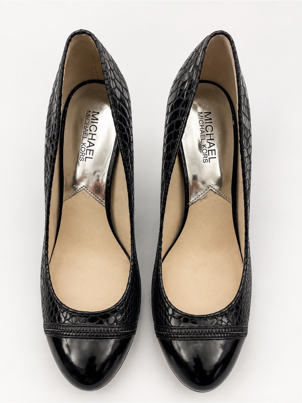 Michael Kors Black Croc-Embossed Leather Pumps with Glossy Cap Toe